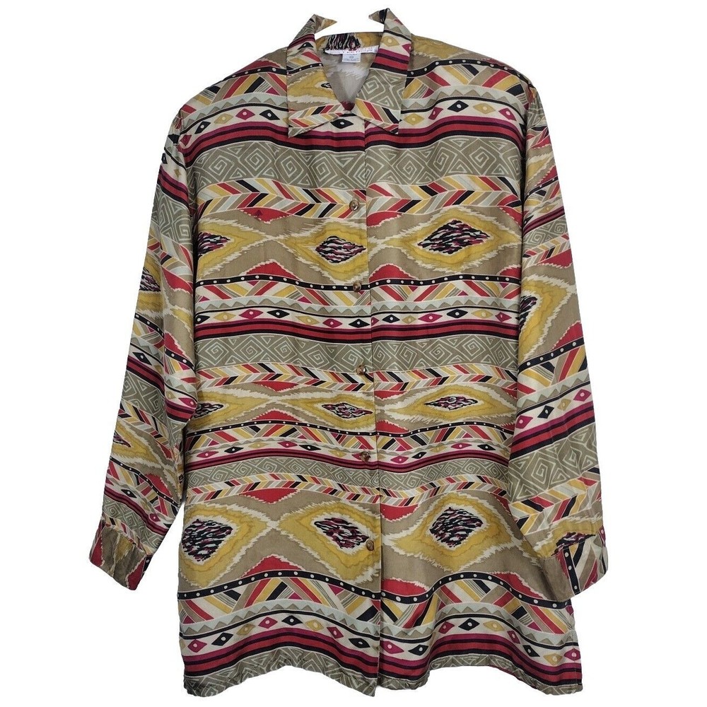 Vintage 70s Silk Collared Aztec Print Shirt Set Women's Size M Multicolor Formal